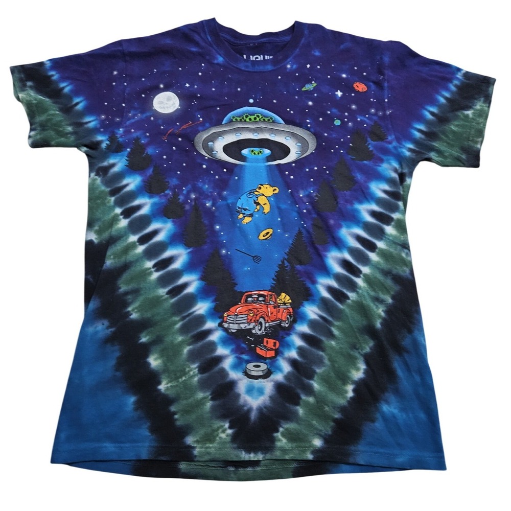 Liquid Blue UFO Alien Abduction Teddy Bear T-Shirt Medium Blue Tie-Dye Graphic